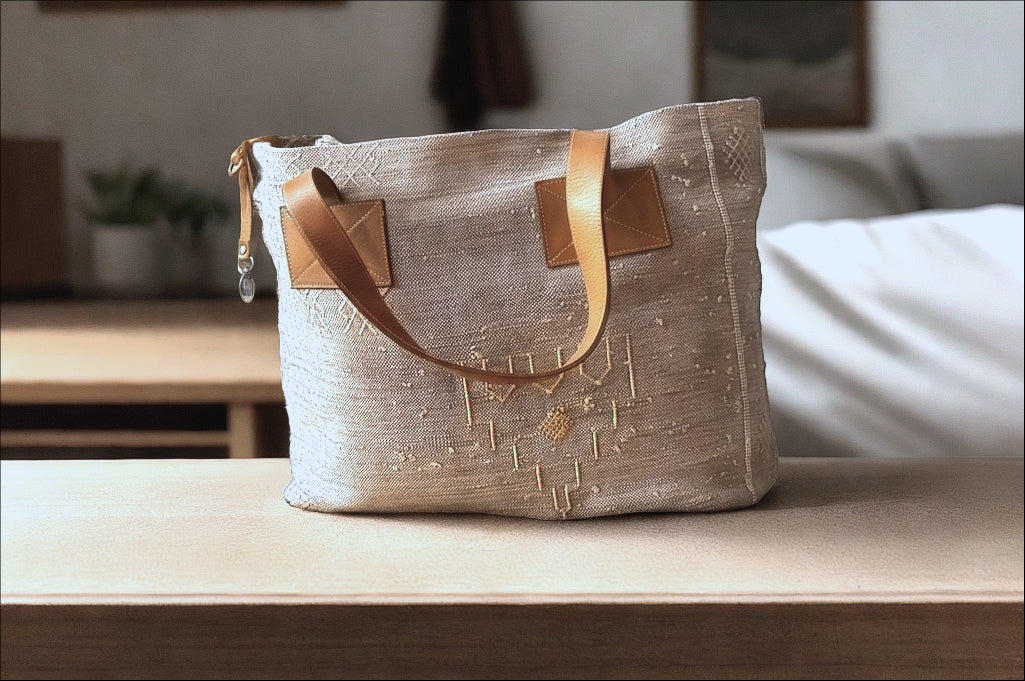 Handmade Moroccan Tote Bag – Leather & Handwoven Fabric | Boho Chic Shopper | Spacious & Durable