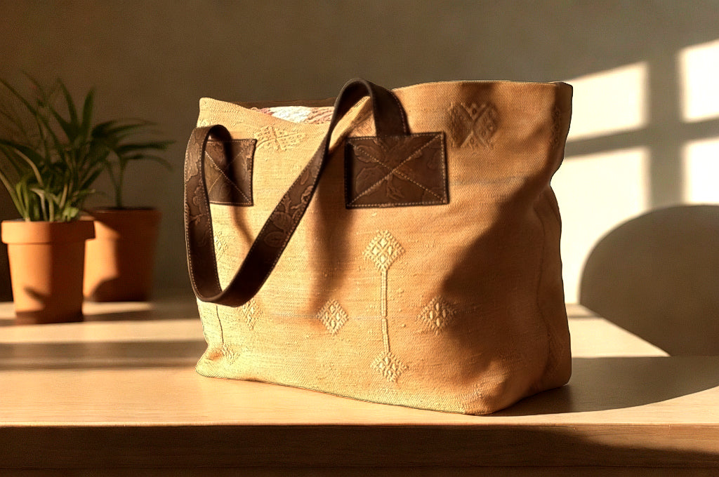 Natural Moroccan Tote Bag – Handmade Sabra & Leather Shoulder Bag – Minimalist Boho Bag from Marrakech