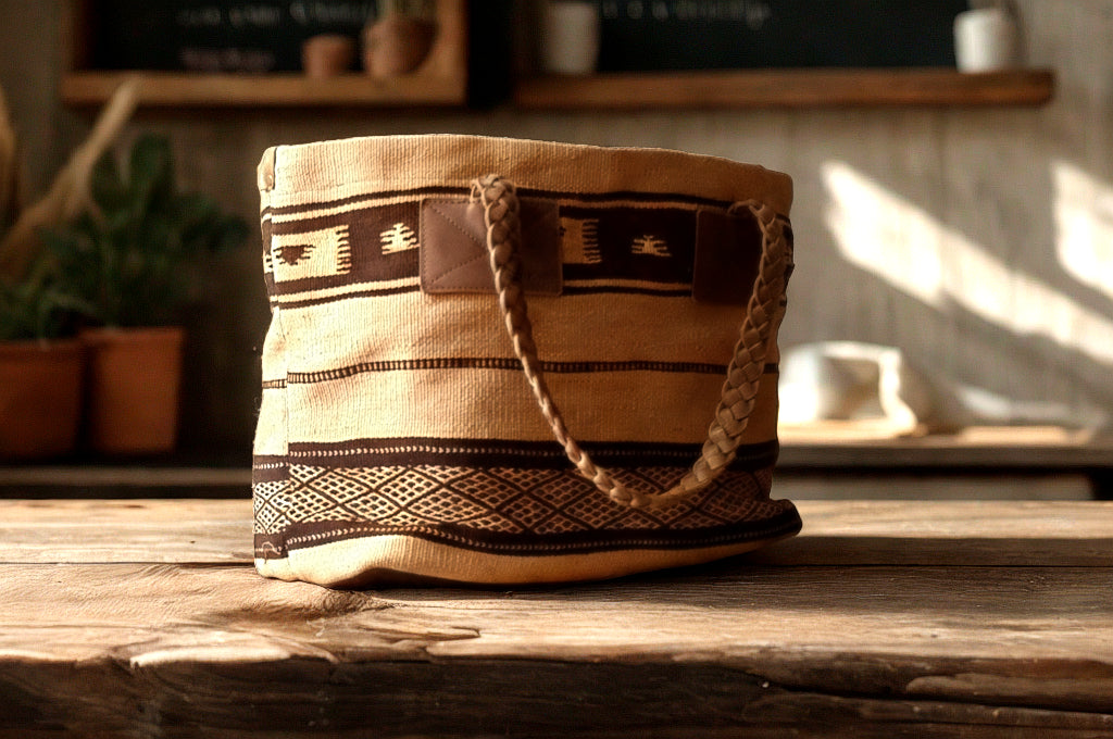 Berber Tribal Tote Bag – Handmade Moroccan Market Bag – Braided Leather Handles – Ethnic Boho Style