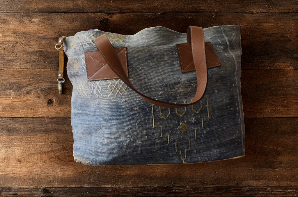 Handmade Moroccan Tote Bag – Leather & Handwoven Fabric | Boho Chic Shopper | Spacious & Durable