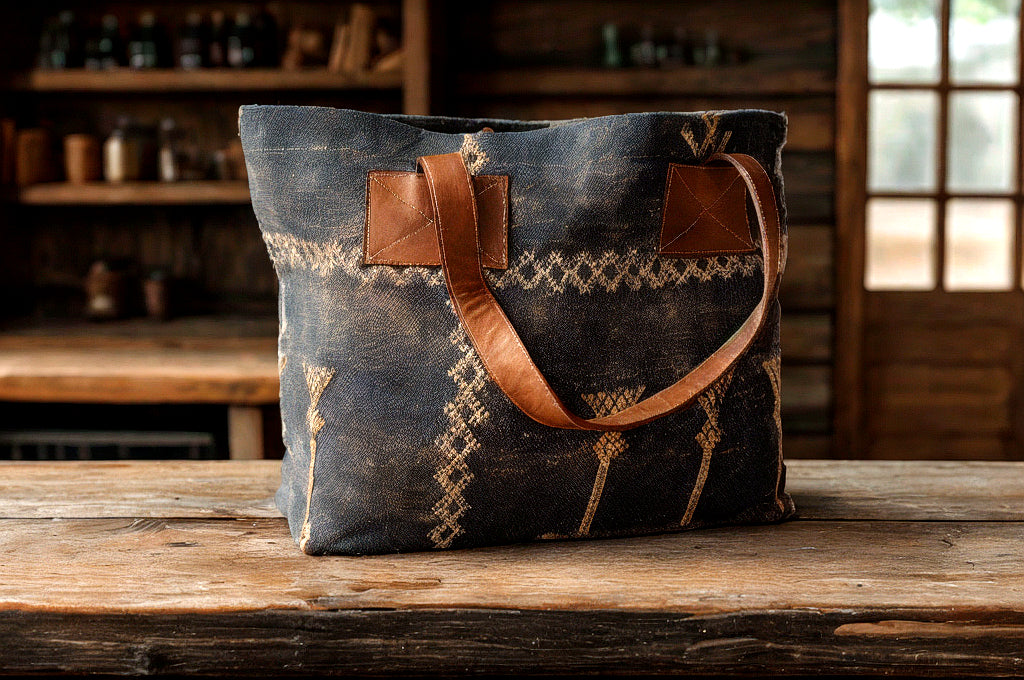 Handcrafted Moroccan Bucket Bag โ Leather & Sabra Fabric | Unique Berber Textile Tote | Boho Shoulder Bag