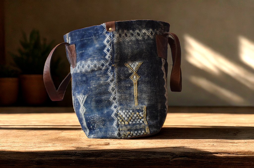Handcrafted Moroccan Bucket Bag โ Leather & Sabra Fabric | Unique Berber Textile Tote | Boho Shoulder Bag