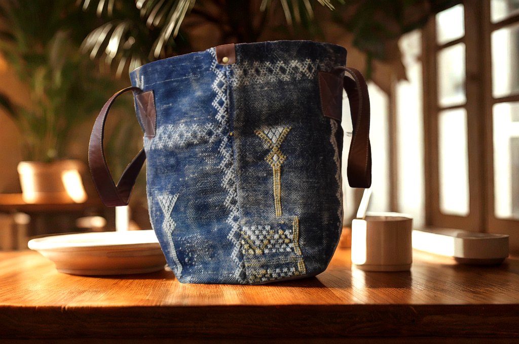 Handcrafted Moroccan Bucket Bag โ Leather & Sabra Fabric | Unique Berber Textile Tote | Boho Shoulder Bag