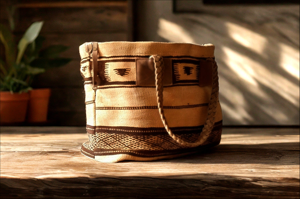 Berber Tribal Tote Bag – Handmade Moroccan Market Bag – Braided Leather Handles – Ethnic Boho Style