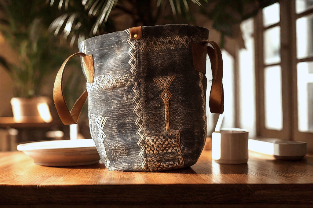 Handcrafted Moroccan Bucket Bag – Leather & Sabra Fabric | Unique Berber Textile Tote | Boho Shoulder Bag
