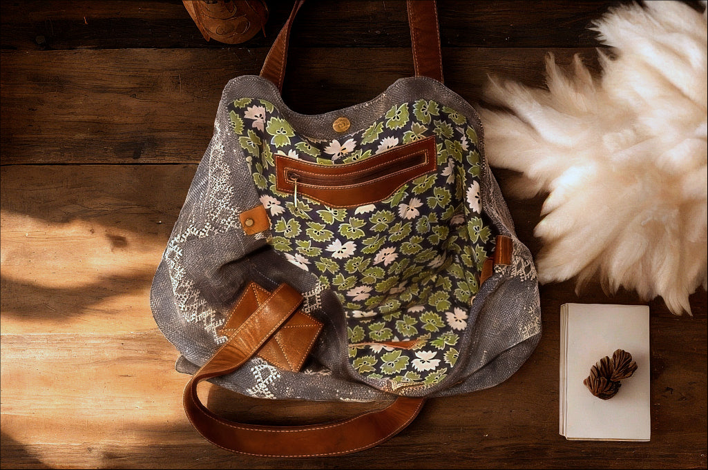 Handcrafted Moroccan Bucket Bag – Leather & Sabra Fabric | Unique Berber Textile Tote | Boho Shoulder Bag