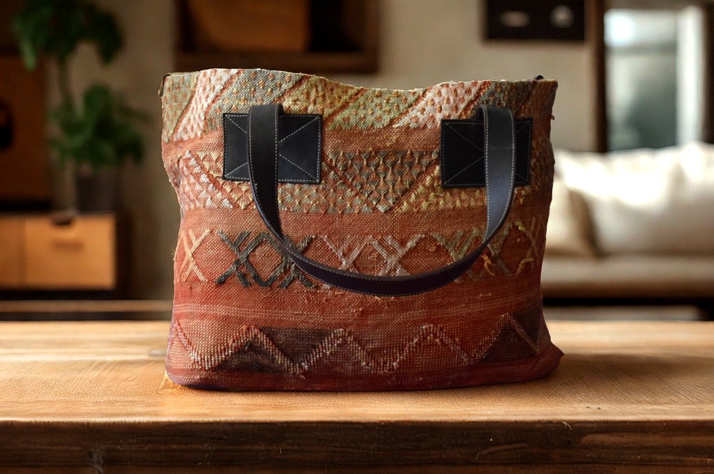 Handwoven Moroccan Tote Bag – Leather Handles – Boho Style