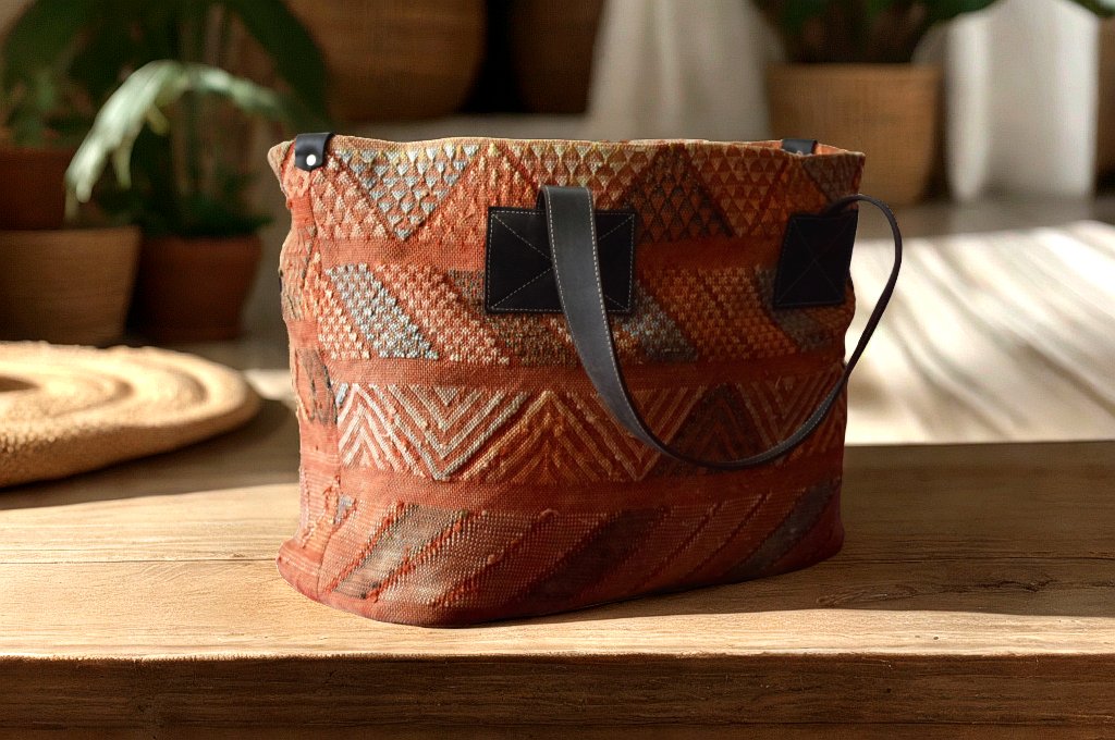 Handwoven Moroccan Tote Bag – Leather Handles – Boho Style