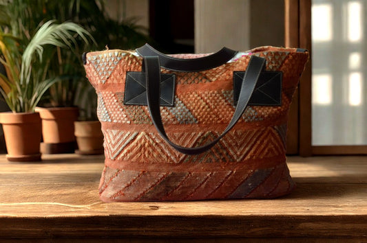Handwoven Moroccan Tote Bag – Leather Handles – Boho Style