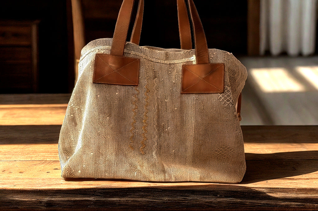 Handmade Moroccan Tote Bag – Leather & Handwoven Fabric | Boho Chic Shopper | Spacious & Durable