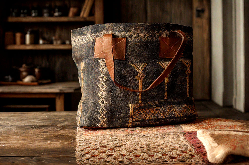 Handcrafted Moroccan Bucket Bag – Leather & Sabra Fabric | Unique Berber Textile Tote | Boho Shoulder Bag