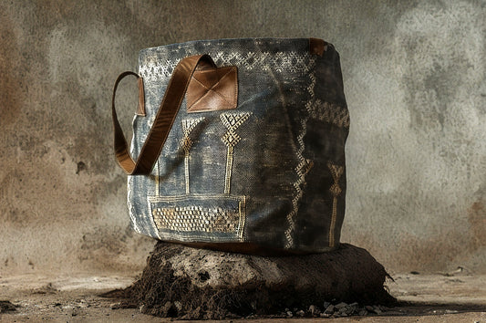 Handcrafted Moroccan Bucket Bag – Leather & Sabra Fabric | Unique Berber Textile Tote | Boho Shoulder Bag