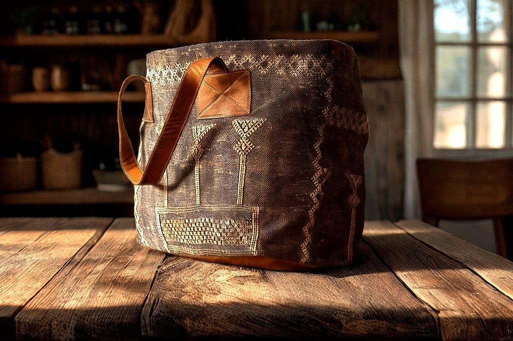 Handcrafted Moroccan Bucket Bag – Leather & Sabra Fabric | Unique Berber Textile Tote | Boho Shoulder Bag