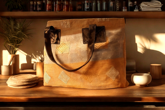 Golden Ochre Moroccan Tote Bag – Handmade Sabra Fabric & Leather | Artisanal Shoulder Bag from Marrakech