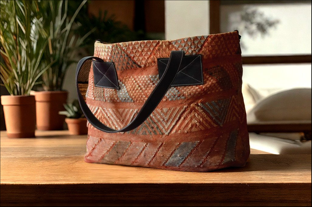 Handwoven Moroccan Tote Bag – Leather Handles – Boho Style