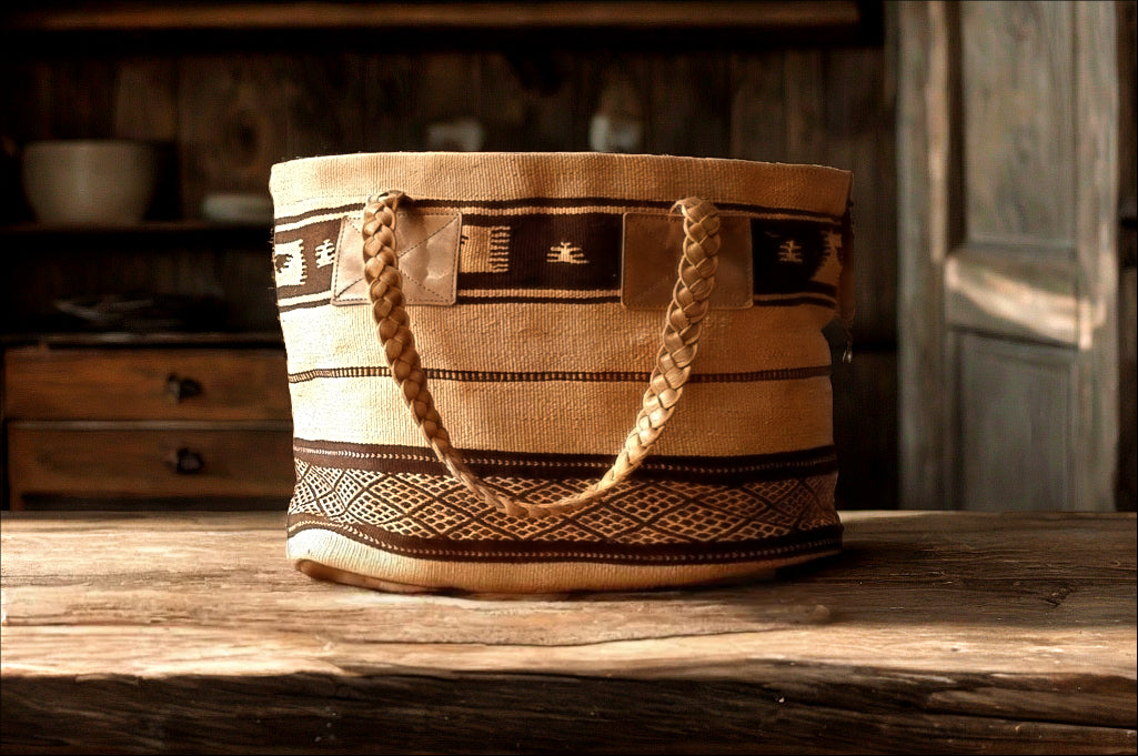 Berber Tribal Tote Bag – Handmade Moroccan Market Bag – Braided Leather Handles – Ethnic Boho Style