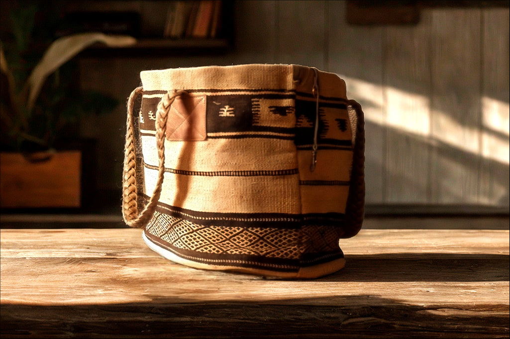 Berber Tribal Tote Bag – Handmade Moroccan Market Bag – Braided Leather Handles – Ethnic Boho Style