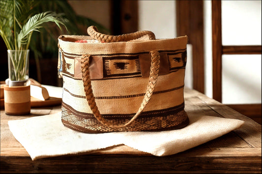 Berber Tribal Tote Bag – Handmade Moroccan Market Bag – Braided Leather Handles – Ethnic Boho Style