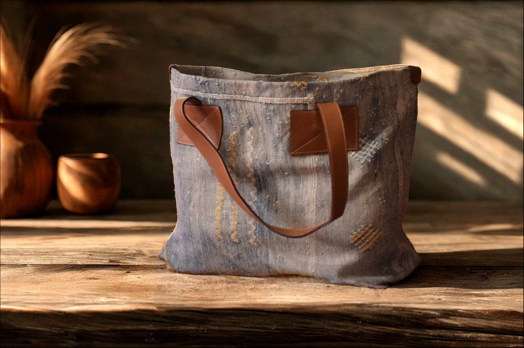 Handmade Moroccan Tote Bag – Leather & Handwoven Fabric | Boho Chic Shopper | Spacious & Durable